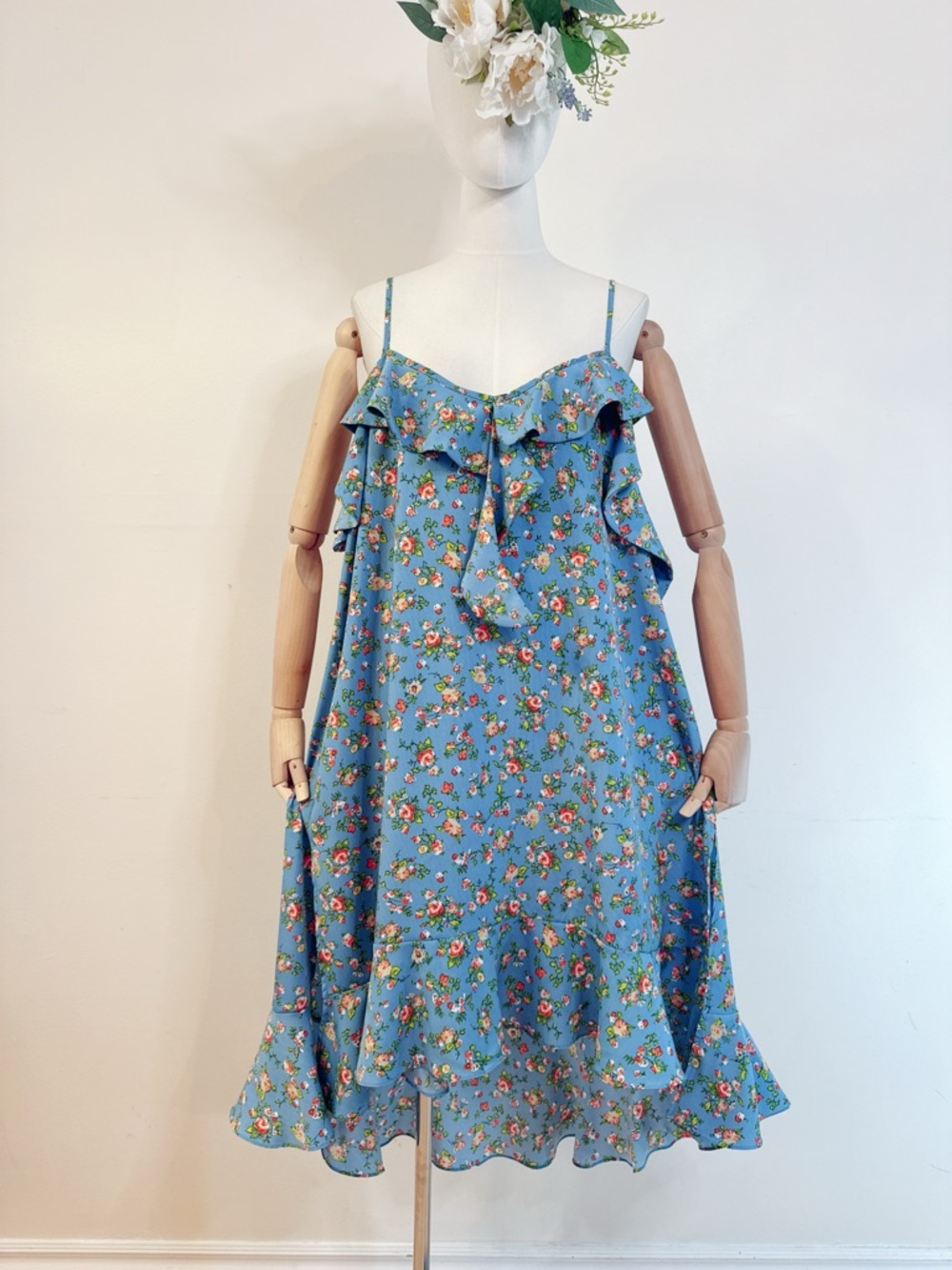 Stylenanda Blue Floral Ruffle Slip Dress (Free Size S–XL)
